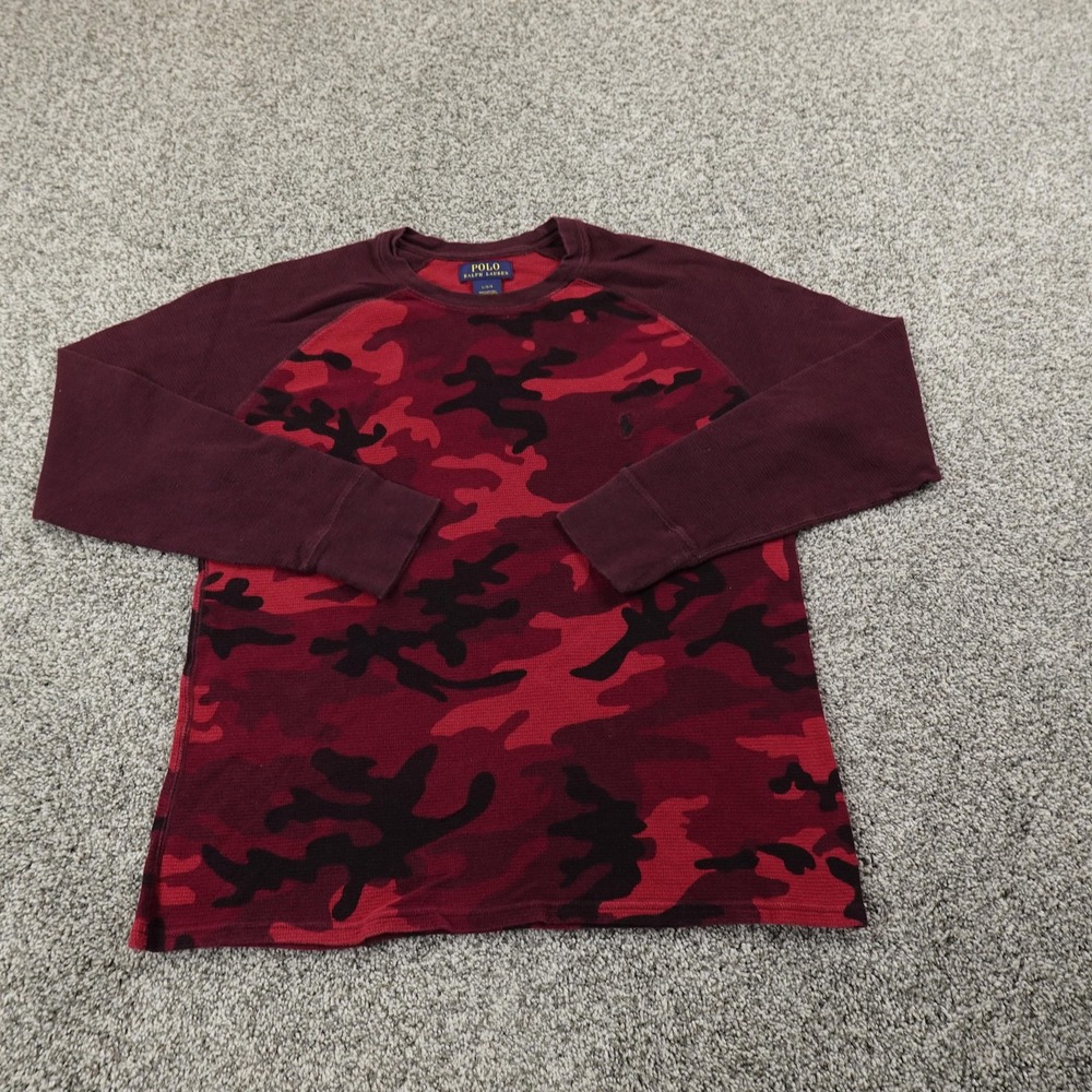 Polo Ralph Lauren Shirt Mens L Red Camo Pony Waffle Knit Thermal Sweater Preppy